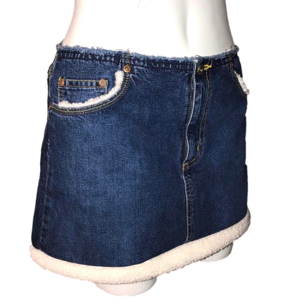 Denim Faux Fur Sherpa Trim Skirt